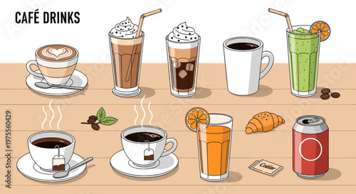A collection of various cafe drinks and pastries displayed on a wooden surface, including coffee, tea, juice, and a soda can.