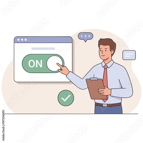 Man activates switch on screen with clipboard in office setting