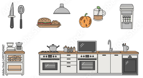 A comprehensive collection of kitchen appliances, food items, and cooking utensils, illustrating a modern and well-equipped culinary space.