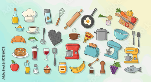 A vibrant collection of kitchen utensils, food items, and cooking equipment arranged in a playful, illustrative style against a gradient background.
