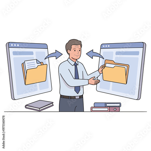 Man transferring files between two computer windows on a desk with books