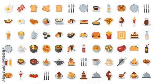 A comprehensive collection of flat design food and dining icons, featuring breakfast, lunch, dinner, desserts, and beverages in a clean, modern style.