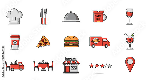 A collection of flat design icons representing food, restaurant, and delivery services.