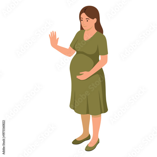 Pregnant woman in green dress waves with one hand