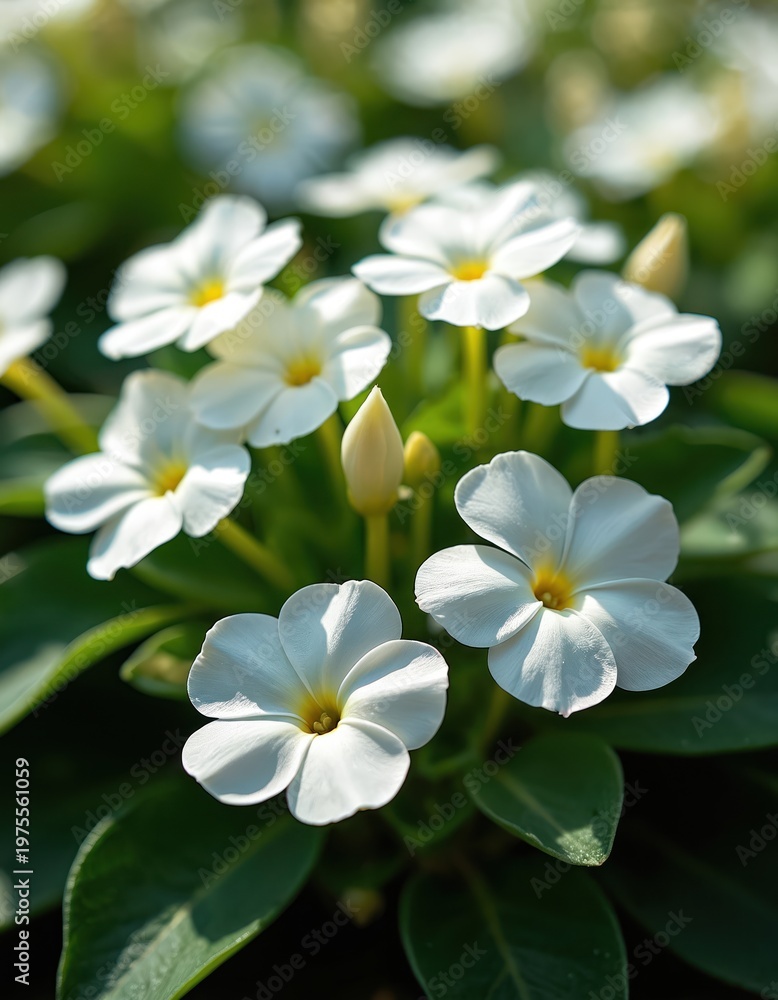 Fototapeta premium White impatiens flowers bloom with yellow centers. Green leaves surround delicate petals. Budding flower shows new life. Nature detail in bright garden setting.