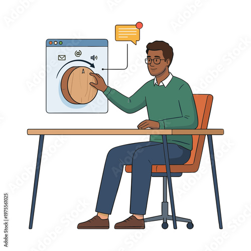 Man sitting at desk interacting with washing machine control panel