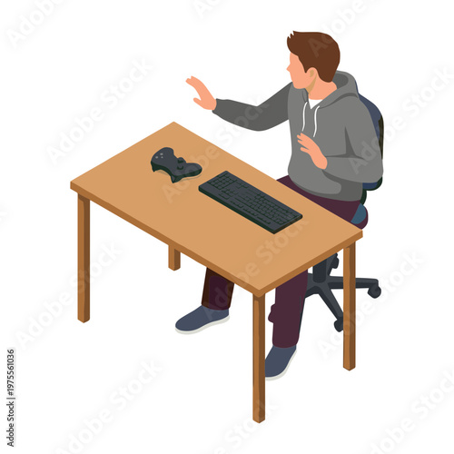 Man sitting at desk with mouse and keyboard gesturing