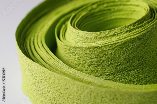 Close Up Macro Shot of Textured Lime Green Ribbon Rolled into a Spiral Pattern with Subtle Glitter Sparkle and Soft Studio Lighting on a White Background