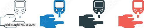 Glucose meter icon sheet with multiple style collection, blood sugar monitoring device symbols, medical healthcare vector icons in line flat glyph and outline styles for apps and infographics.