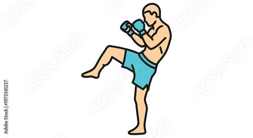 Muay thai fighter demonstrating a powerful roundhouse kick in a stylized illustration