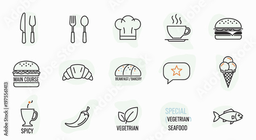 A collection of 15 diverse food and drink icons, including cutlery, a chef's hat, coffee cup, burgers, croissant, bread, ice cream, chili pepper, vegetarian leaves, and a fish.