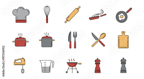 A collection of kitchen utensils and cooking equipment, including a chef's hat, whisk, rolling pin, pans, pots, cutlery, cutting board, mixer, measuring cup, grill, and pepper mills.