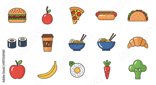 A vibrant collection of diverse food icons, showcasing a variety of popular dishes and fresh ingredients.