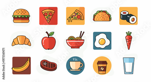 A vibrant collection of flat design icons representing a diverse array of popular food and drink items.