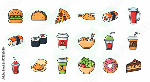 A vibrant collection of colorful cartoon-style icons representing a variety of popular fast food and drink items.
