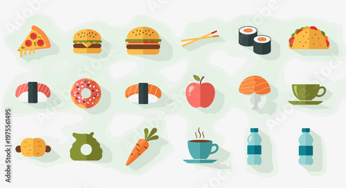 A vibrant collection of diverse food and drink icons, including pizza, burgers, sushi, tacos, donuts, fruits, vegetables, coffee, and water bottles, presented in a clean, flat design style.
