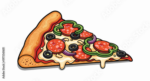 A delicious slice of pepperoni pizza with green bell peppers, black olives, and red onions, dripping with melted cheese.