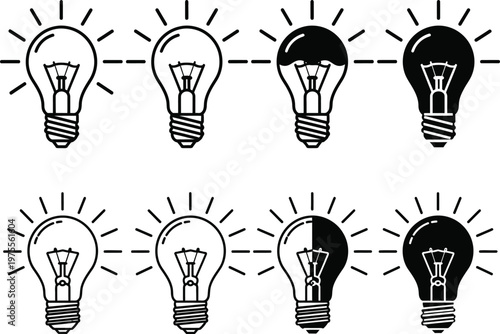 Title light bulb stages from idea to full illumination sketch style description a series of hand drawn light bulbs depicting