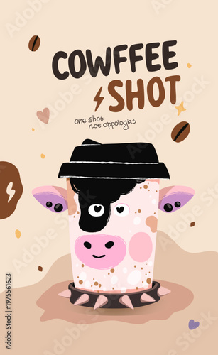 Bold cow coffee cup character with spiked collar espresso shot poster vector