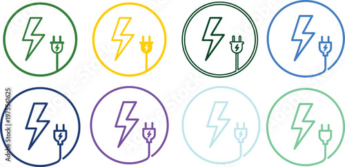 Electrical plugs and lightning bolts in colorful oval frames