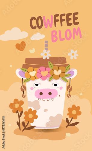 Cute boho cow coffee cup with flower crown and daisies spring poster vector