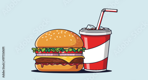 A cartoon illustration of a classic hamburger with cheese, lettuce, tomato, and onion next to a red soda cup with ice and a straw, set against a light blue background.