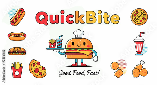 Cartoon illustration of QuickBite fast food restaurant logo with a burger mascot serving various menu items like hot dogs, pizza, fries, and milkshakes.