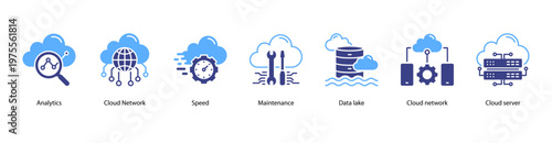 Cloud Infrastructure web banner icon vector illustration featuring Analytics, Cloud Network, Speed, Maintenance, Data Lake, Cloud Network, and Cloud Server.