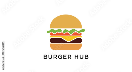 A minimalist graphic logo for 'BURGER HUB' featuring a classic cheeseburger illustration with bun, lettuce, tomato, cheese, and patty on a white background.