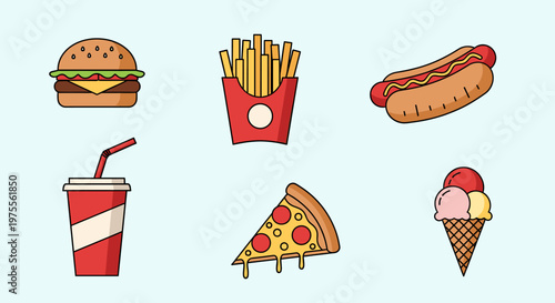 A collection of cartoon-style fast food items including a hamburger, french fries, hot dog, soda, pizza slice, and ice cream cone.