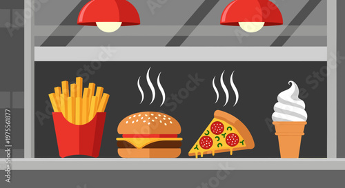 Assortment of popular fast food items including french fries, a cheeseburger, a slice of pepperoni pizza, and a soft-serve ice cream cone displayed in a window.