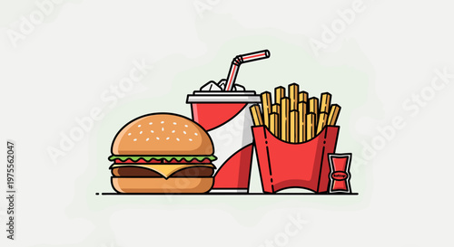 A delicious-looking hamburger, a cup of soda with ice and straw, and a box of french fries with a ketchup packet.