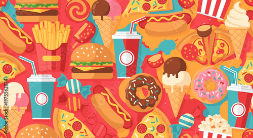 A vibrant and colorful collage of popular fast food items, including burgers, pizzas, hot dogs, fries, ice cream, and donuts, arranged in a playful pattern.