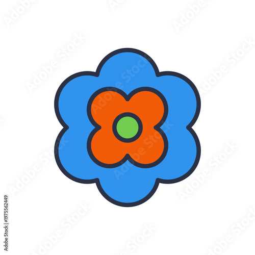 Blue orange groovy blossom. Bright decorative bloom with rounded petals and contrasting center detail in bold vintage contour style. Vector 10 EPS.