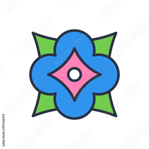 Blue floral geometric ornament. Bright layered bloom with diamond shaped center and contrasting petals in bold outlined vintage style. Vector 10 EPS.