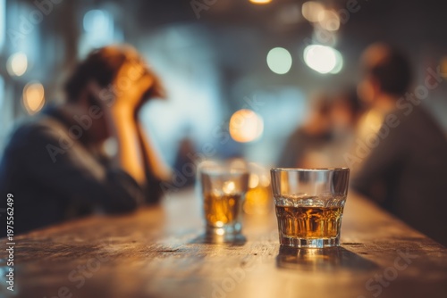 A warm and inviting bar scene featuring whiskey glasses on a wooden table with blurred patrons in the background creating an atmosphere of relaxation and social gathering. Generative AI