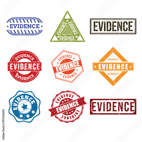 ,Collection of Multi-Shape Evidence Status Rubber Stamp Vectors, perfect for legal documentation, forensic presentation, and law enforcement-themed design projects