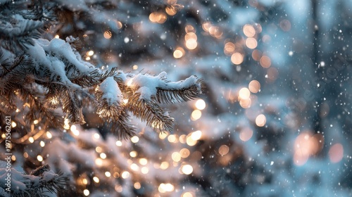 Close up of snow covered pine tree branches adorned with warm glowing Christmas lights during a gentle snowfall creating a magical winter atmosphere