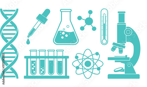 Science vector icons set, lab equipment illustration, chemistry