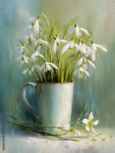 Delicate snowdrop flowers arranged beautifully in a vintage blue mug set against a soft and colorful background ideal for home decor and floral themed designs. Generative AI