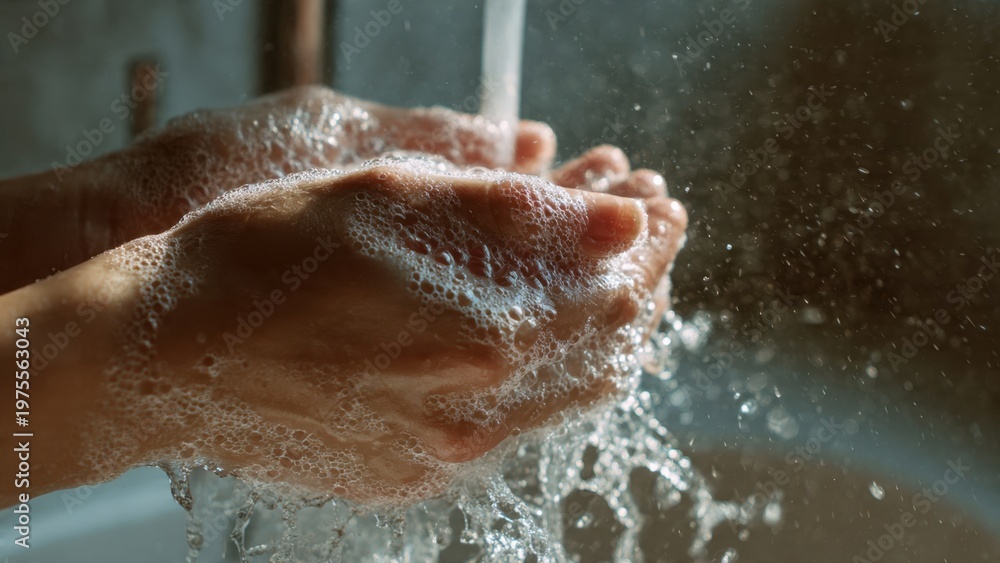 Fototapeta premium Close-up of a person washing their hands thoroughly with soap and running water, creating abundant suds for effective hygiene and germ prevention.