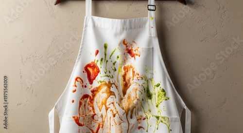 A white chef's apron hanging against a wall, covered in messy splashes and stains of red tomato sauce and green pesto.