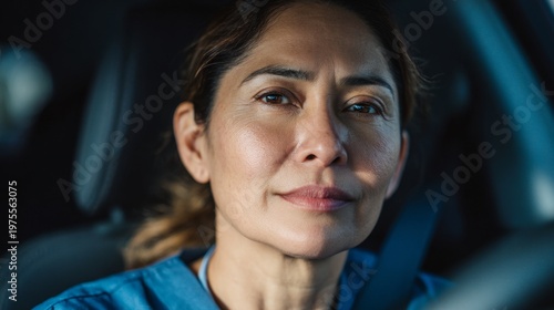 Confident woman quietly driving in a modern car showcasing focus and determination as she navigates life’s daily challenges on the road ahead. Generative AI
