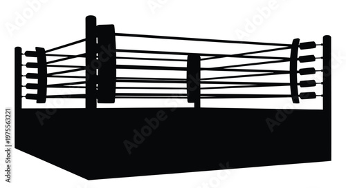 A black silhouette of a professional boxing or wrestling ring with ropes and posts