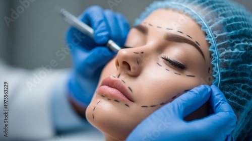 Cosmetic surgery consultation featuring facial markings for procedure planning. A relaxed patient prepares for aesthetic enhancement by medical professionals. Generative AI