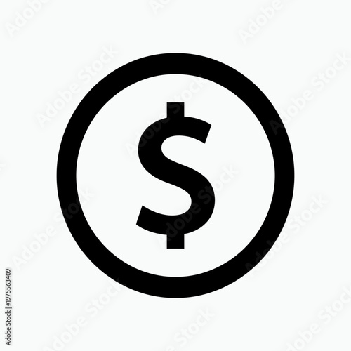 Black dollar currency symbol icon inside a circle on a white background, ideal for financial app interfaces, banking service websites and professional commercial payment systems