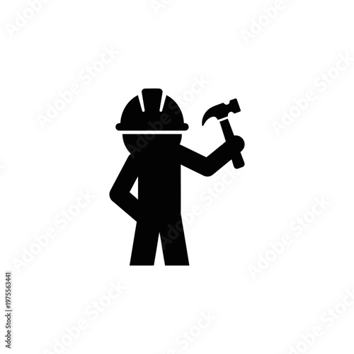 Black silhouette icon of a construction foreman wearing a helmet and holding a hammer on white background, ideal for industrial branding, construction web design and building project signage