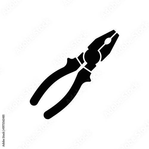 Black silhouette of professional combination pliers hand tool isolated on white background, ideal for hardware store catalogs, DIY manual illustrations and construction branding