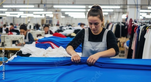 Female factory worker carefully folding bright blue fabric in a busy garment manufacturing facility.