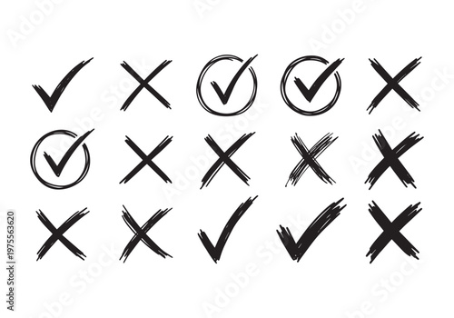 Collection of hand-drawn checkmarks and crosses, representing choices, decisions, and validation, isolated on a white background for versatile
